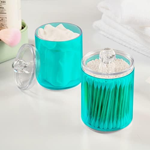SHJI Teal Green Qtip Holder Organizer Dispenser Cotton Swabs Cans Plastic Jars with Lid Set 4 Pack Bathroom Storage Canister for Cotton Ball Floss Cotton Pads