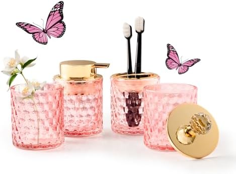 Britimes Bathroom Accessories Set of 4, Pink Glass Complete