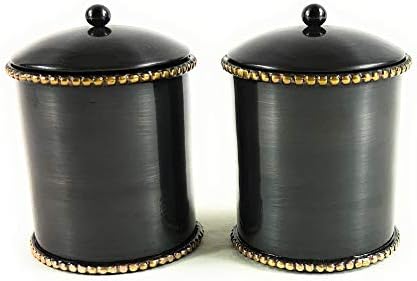 3SCompany set of 2 Stainless Steel, Oil Rubbed Bronze gold beads border, 3" x 4" ht. cotton ball swabs apothecary canister, vanity storage organizer, makeup sponges, bath salts, hair ties, jewelry.