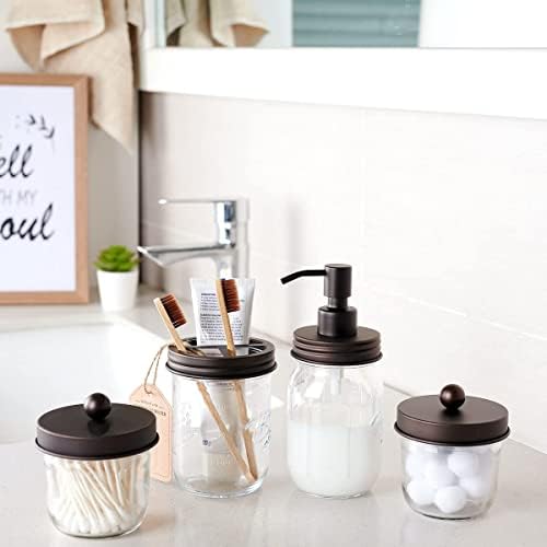 Amolliar Mason Jar Bathroom Accessories Set(4 Pack) -Bronze-Lotion Soap Dispenser&Qtip Holder Set&Toothbrush Holder-Rustic Farmhouse Decor Apothecary Jar Bathroom Countertop,Vanity Organize (Bronze) | Lotion Soap Dispenser, 2 Qtip Holder Set, Toothbrus...