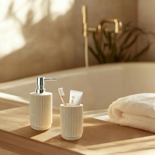 2Pcs Beige Bathroom Set, Striped Resin Soap & Toothbrush Holder, Boho