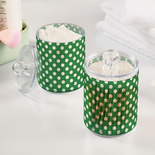 ALAZA Polka Dot Green White 2 Pack Qtip Holder Dispenser for Cotton Swabs, Balls, Pads, Floss 10 oz Plastic Canister Organizer
