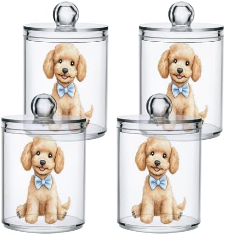 Fustylead 4 Pack Happy Poodle Puppy Sitting Qtip Holder Dispensers for Cotton Swab, Ball, Round Pads, Floss, Plastic Apothecary Jar Set for Bathroom Canister Storage