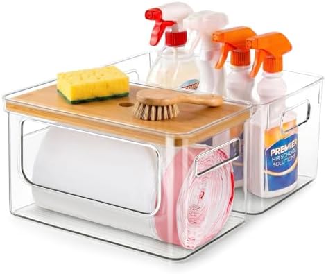 Hudgan 2 in 1 Acrylic Trash Bag Dispenser Under Sink, Garbage Bags Holder with Stackable Bamboo Top for Kitchen, Pantry, Laundry Room