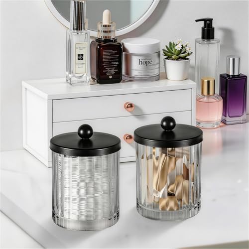 Amolliar Qtip Holder Dispenser, Clear Glass Apothecary Jar (Black 2 Pack)