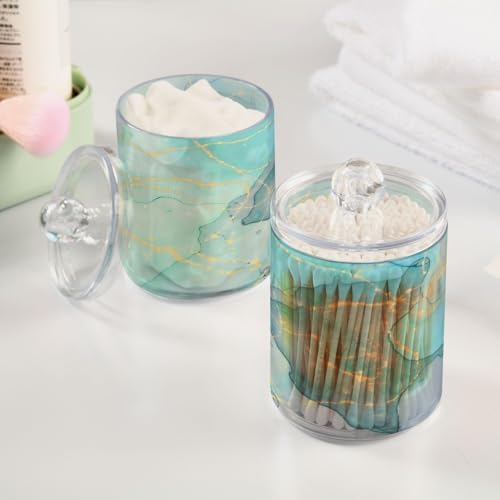 MNSRUU 4 Pack Qtip Holder Organizer Dispenser Modern Art Marble Teal Bathroom Containers Bathroom Vanity Storage Canister Apothecary Jars for Cotton Swabs/Pads/Floss
