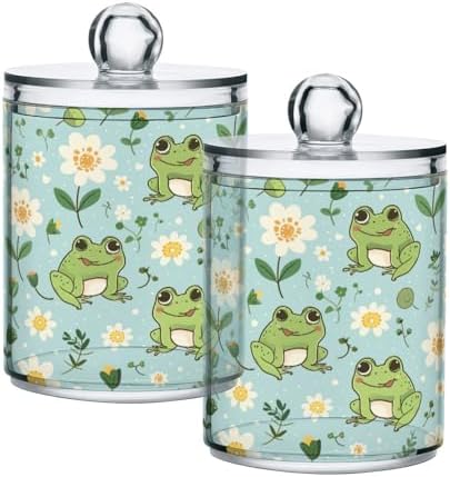 Cute Kawaii Frogs Qtip Holder 2 Pack - 10 Oz Clear Plastic Apothecary Jar Set for Bathroom Organization - Versatile Canister Storage for Cotton Balls, Swabs, Rounds