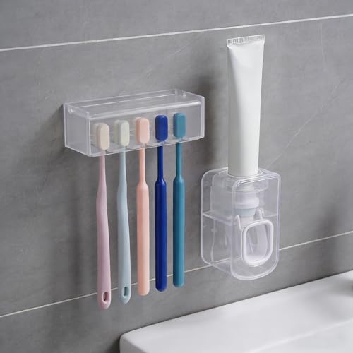 5 Slots Wall Mount Toothbrush Holder with Cover, Self Adhesive Tooth Brush Storage Organizer for Shower Bathrooms, Toothbrush Stand with Automatic Toothpaste Squeezer Dispenser