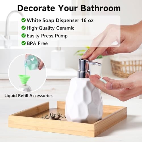 Ceramic Bathroom Accessories Set 4 PCS,Include 16 oz Soap Dispenser,Toothbrush Holder,Tumbler,Soap Dish,Textured Bathroom Counter Set (White)