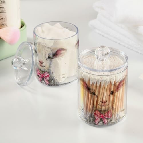 MNSRUU 2 Pack Qtip Holder Organizer Dispenser Cute Sheep Pink Bathroom Storage Canister Cotton Ball Holder Bathroom Containers for Cotton Swabs/Pads/Floss