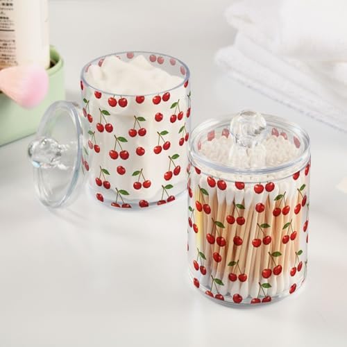 ALAZA 2pcs Red Cherry with Green Leaves Qtip Holder Dispenser 14 oz Bathroom Storage Clear Apothecary Jars Containers Cotton Ball,Cotton Rounds,Floss Picks, Hair Clips, Food