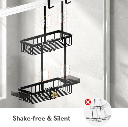 Over the Door Shower Caddy Hanging With Double Soap Holder Never Rust Aluminum Shower Shelf With 4 Hooks Hanging Bathroom Organizer No Drilling Shelves for Bathroom Storage Black