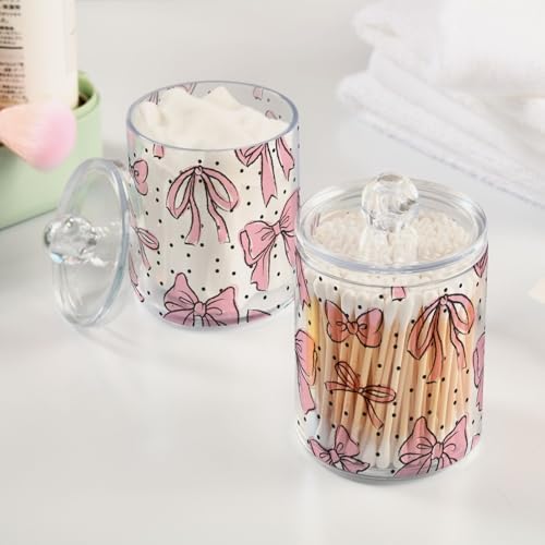 2 Pack Apothecary Jars Bathroom Bow Pink Qtip Holder Dispenser Clear Plastic Storage Canister Jar with Lid for Cotton Ball, Cotton Swab