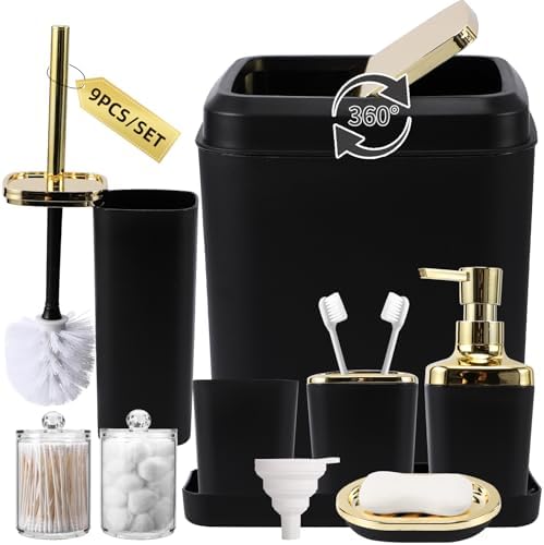 XLHOMO Bathroom Set, Black Bathroom Set, 9 PC Black and Gold Bathroom Set