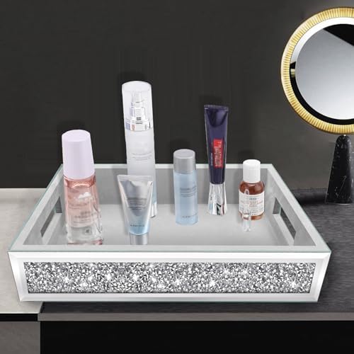 Wocred Mirror Perfume Tray fits Dresser Bedroom,Crushed Diamond Bathroom Tray with Handles，Vanity Tray,Decorative Serving Tray for Coffee Table Decor(14”x 10”x 2.5”)