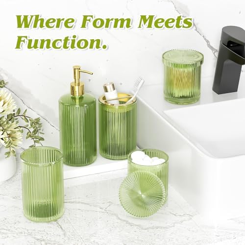 BSSN 5-Piece Green Glass Bathroom Accessories Set - Vintage Ribbed Thick Glass - Includes Soap Dispenser, Toothbrush Holder, Tumbler, 2 Q-tip Jars - Retro Bathroom Counter Organizer & Decor