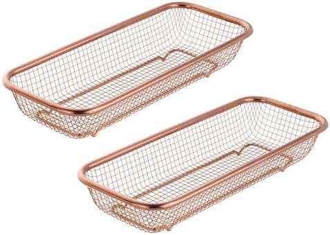 Kitchen Flatware Drawer Organizer, 2pcs Stackable Mesh Cabinet Storage Basket, Stainless Steel Kitchen Utensils Filter Drying Rack Holder for Knives, Fork, Spoon Chopsticks (Rose Gold)