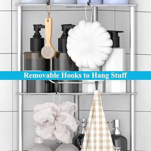 HuggieGems Metal Floor Standing Corner Shower Caddy, Silver, 2 Tier