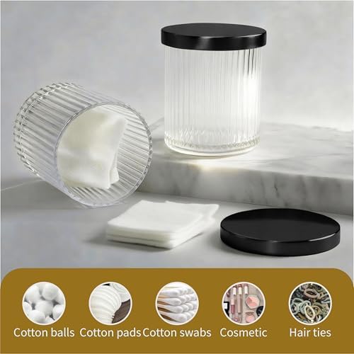 2 Pack Qtip Holder Dispenser with Metal Lids | Ribbed Glass Canister Set for Bathroom Vanity (Black 2 Pcs)