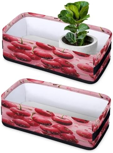Storage Basket Set of 2 Tasty Cherries Small Baskets for Organizing Fabric Storage Baskets with Handles for Shelves Bathroom Toilet Tank Top