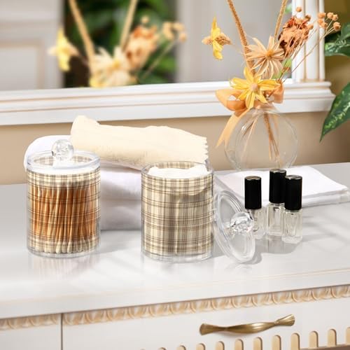 ALAZA 2 Pack Qtip Holder Brown Beige Plaid Pattern, Cotton Swab Dispenser with Lid Bathroom Containers Canister Organizer Storage Jar
