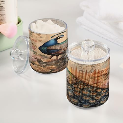 ALAZA Peacock Peony Flower Floral 2 Pack Qtip Holder Dispenser for Cotton Swabs, Balls, Pads, Floss 10 oz Plastic Canister Organizer