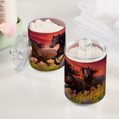 Horse Riders in The Sunset 2 Pack Clear Plastic Qtip Holder Dispenser Set,Bathroom Storage Canister for Cotton Swabs, Balls, Dental Floss,Pads,Organize with Apothecary Jars