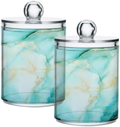 MNSRUU 4 Pack Qtip Holder Organizer Dispenser Teal Blue Cracked Marble Bathroom Containers Bathroom Vanity Storage Canister Apothecary Jars for Cotton Swabs/Pads/Floss
