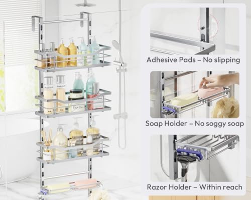 SWTYMIKI Over the Door Shower Caddy - 4 Tier Adjustable Shower Organizer Hanging with Soap Holder, No Drilling Stainless Steel Bathroom Rack Hanging for Body Wash, Shampoo, Soap, Razor, Silver