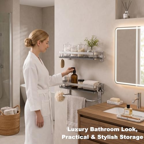 VOLPONE Glass Bathroom Shelf 15.7 in Bathroom Wall Shelf with Towel Holder Tempered Glass Shelf Wall Mount with 2 Removable Hooks Silver（1 Tier）