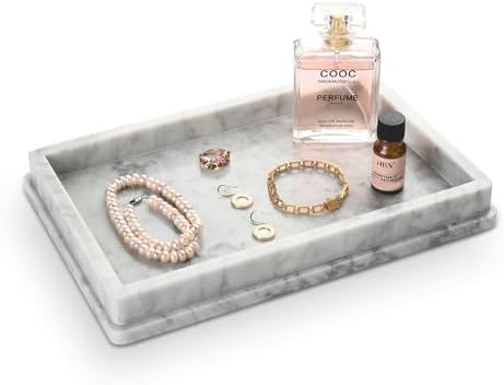 Italian Real Natural Marble Bathroom Vanity Tray, Carrara White Stone Jewelry Tray