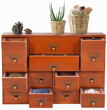 12 Drawers Apothecary Cabinet Library Card Catalog Cabinet Card Catalog Drawer with Metal Handles & Label Slot Wooden Desk Drawer Organizer for Herb Storage, Tea Collection (Brown)