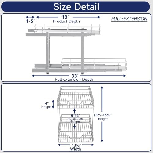 2-Tier Pull Out Cabinet Organizer, 13.5" W x 18" D, Heavy Duty Dual Slide Out Shelves for Base Cabinets, Chrome Wire Basket Drawer for Pantry, Kitchen & Bathroom Storage
