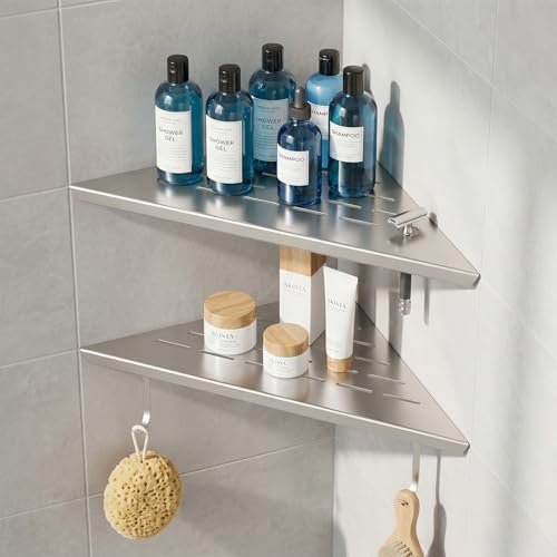 DAYONE Bathroom Corner Shower Shelf 2 Pack 12" Brushed Nickel, SUS304 Stainless Steel Slot Design Recessed Organizer Shelves with 2 Hooks and 2 Holes, for Tiled Wall