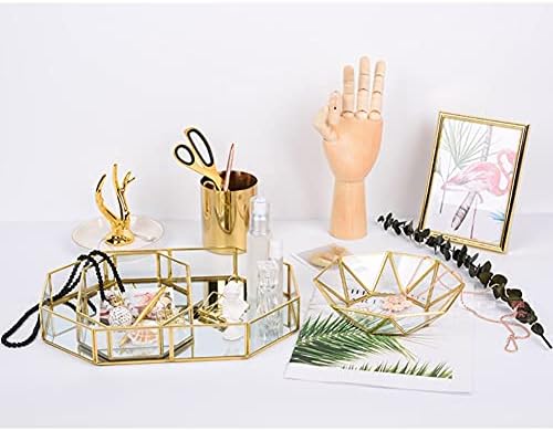 Square Vintage Gold Mirror Glass Vanity Tray,Ornate Geometric and Brass Plated Display Storage Organizer for Makeup Brushes/Lipstick/Skincare/Perfumes/Beauty Room/Bathroom Accessories