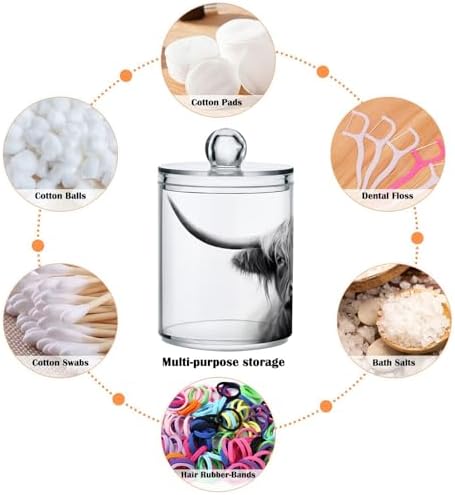Apothecary Jars Bathroom Storage Organizer with Lid - 14 oz Qtip Holder Dispenser, Highland Cow Clear Plastic Canister for Cotton Swab, Cotton Ball, 2PCS