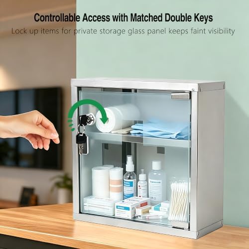 Locking Stainless Steel Medicine Cabinet, 2 Tier Wall Mounted Storage Cabinet, Durable Stainless Steel, Surface or Flush Mount, Ideal for Home, Office or First Aid, 11.8 in. x 4.7 in. x 11.8 in