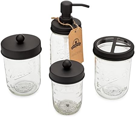 Jarmazing Products Ball Mason Jar Bathroom Gift Set (4 pcs) - Lotion/Soap Dispenser, Toothbrush Holder, Q-Tip Storage Jars - Farmhouse Home Decor for Vanity Organization - Luxury Accessories - Black