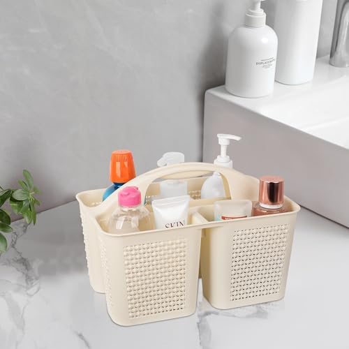 Plastic Portable Shower Caddy Basket with Handle, 3 Compartments, Beige