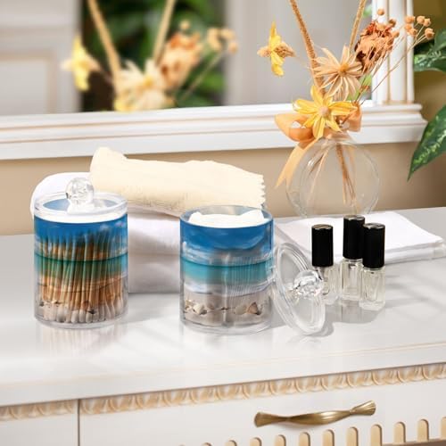 ALAZA 2 Pack Qtip Holder Ocean Seashells Beach, Cotton Swab Dispenser with Lid Bathroom Containers Canister Organizer Storage Jar