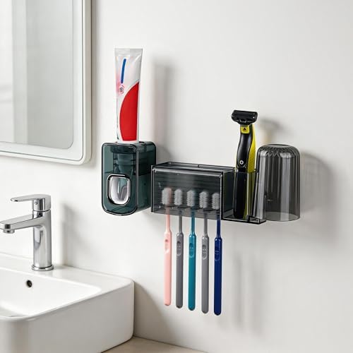 5 Slots Wall Mount Toothbrush Holder with Cover, Self Adhesive Toothbrush Storage Organizer for Shower, Toothbrush Cup Hanger with Automatic Toothpaste Squeezer Dispenser