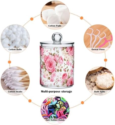 Pink Roses Qtip Holder Dispenser 2 Pack Clear Apothecary Plastic Jars Bathroom Counter Organizer for Cotton Pads, Cotton Ball, Cotton Swabs, Floss Picks 10 Oz