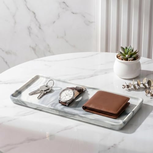 10″ x 3.5″ Ceramic Bathroom Vanity Tray, Rectangular Decorative Countertop Tray for Bathroom Kitchen, Ceramic Organizer Tray for Perfume, Candle, Jewelry, Cosmetics, Soap Dispenser, Marble Grey