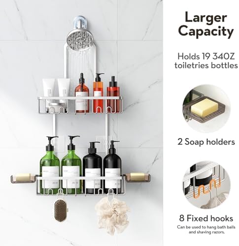 Shower Caddy Hanging, Never Rust Shower Organizer Hanging, Aluminum Shower Racks for Inside Shower with Hooks for Razor, Bathroom Organizers and Storage with Soap Holder, Bright Silver