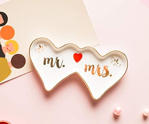Stephanie Imports Double-Hearted Mr & Mrs Ceramic Trinket Plate and Decorative Jewelry Dish