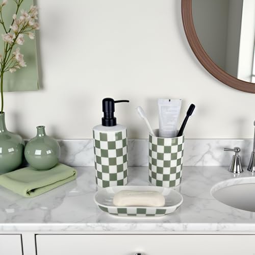 Bathroom Toothbrush Holder Set, Ceramic Soap Dispenser and Tooth Brush Holder and Soap Dish Set, Bathroom Accessories Sets Countertop, Sage Green Checkered Bathroom Decor Set