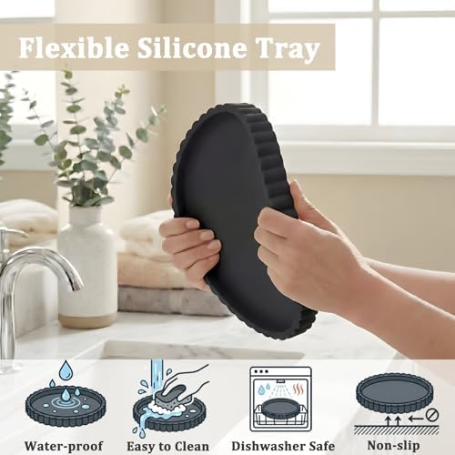 Silicone Bathroom Vanity Tray, Modern Round Decorative Tray for Countertop, Waterproof & Unbreakable Cosmetic Perfume Organizer, Extra-Thick & Sturdy, Easy to Clean Candle Tray (9 Inch, Black)