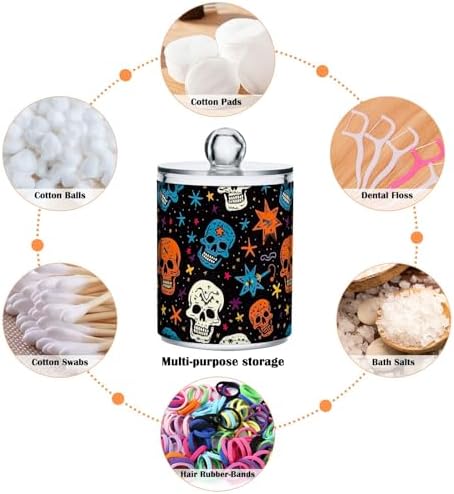 Colorful Skulls with Stars Clear Plastic Jars 2 Pack Clear Plastic Apothecary Jars Bathroom Vanity Organizer for Cotton Pads, Cotton Ball, Cotton Swabs, Floss Picks 10 Oz