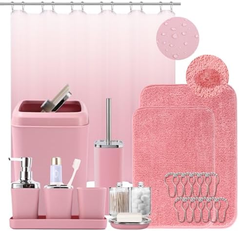XLHOMO Bathroom Accessories Set, Pink Bathroom Set, Shower Curtain Set