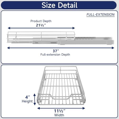Pull Out Cabinet Organizer, 11.5" W x 21.5" D, Heavy Duty Chrome Slide Out Shelf for Narrow Base Cabinets, Sliding Wire Basket Drawer for Spices, Bottles, Snacks & Cleaning Supplies